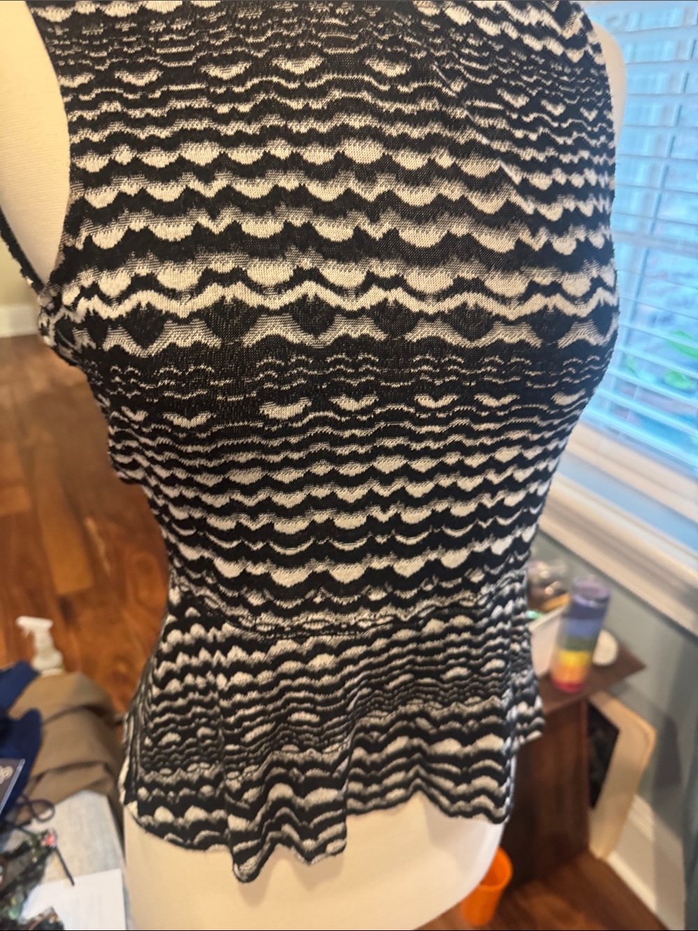 BCBGMaxAzria Black and White Sleeveless Peplum Top